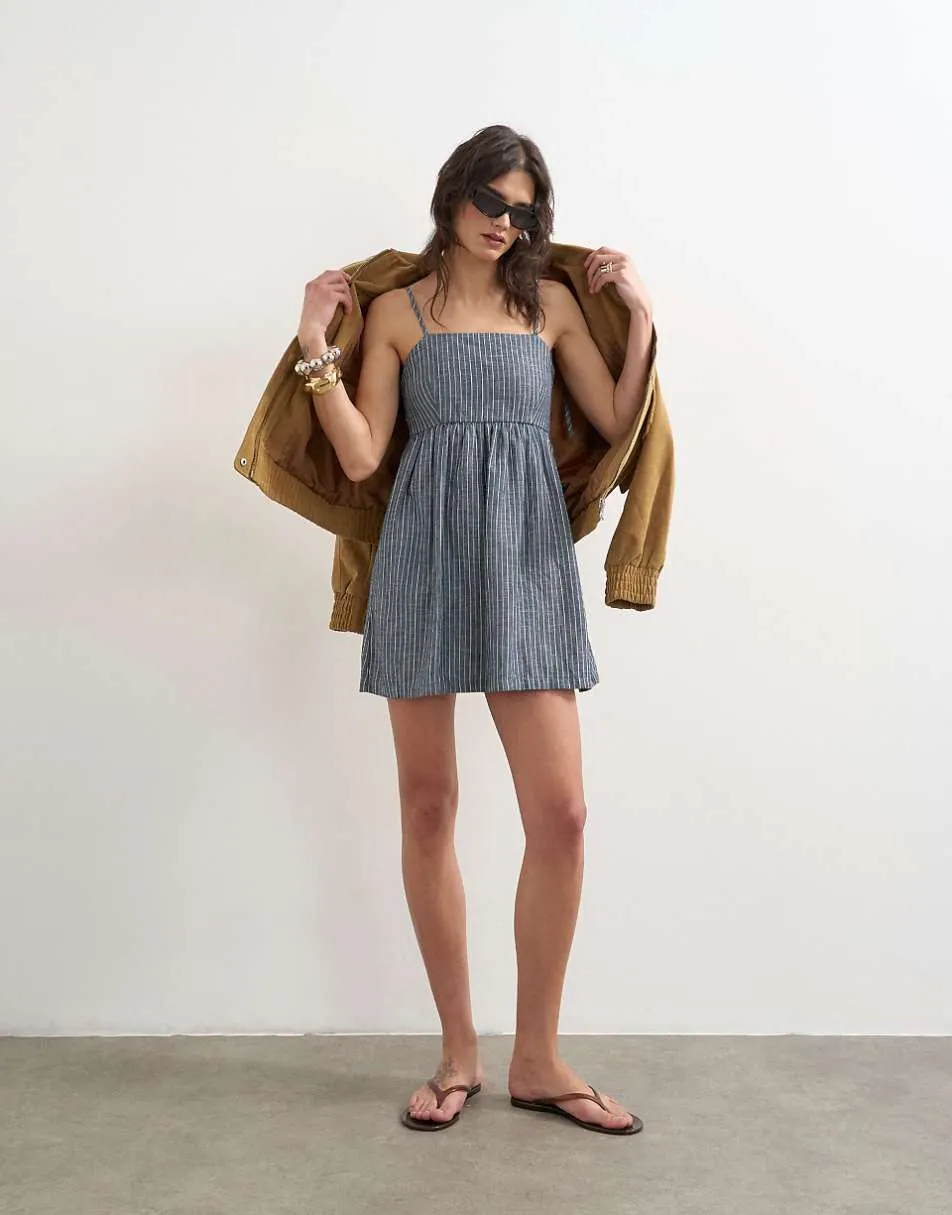 Topshop denim open back strappy dress in blue stripe