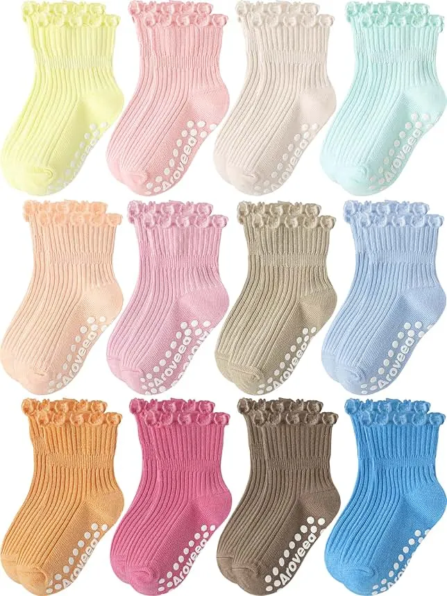 Baby Toddler Socks Grip Non Slip Boys Girls Kids Cotton 12 Pack Ankle Socks | Premium Cotton Soft Breathable,Anti-Slip Grips,6 Month-7T Grippy Toddler Socks,Elastic Cuffs,Unisex Daily All Season Wear