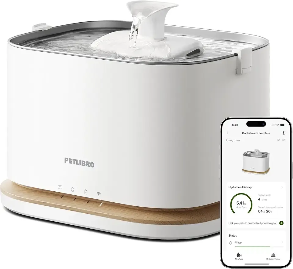 PETLIBRO Upgrade Cat Water Fountain, Cordless Cat Fountain Battery Operated, App Monitoring 3L/101oz Dockstream 2 Pet Water Fountain with Stainless Steel Tray, 5GHz WiFi Dog Water Bowl Dispenser