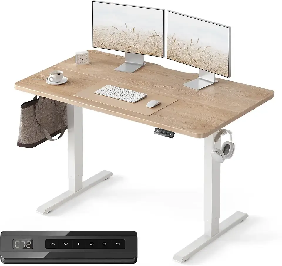 FEZIBO Standing Desk, 48 × 24 Inches Electric Height Adjustable, Sit and Stand Up, Computer Office Desk with Splice Board, White Frame/Maple TOP