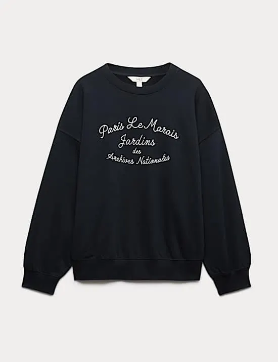 Pure Cotton Embroidered Slogan Sweatshirt