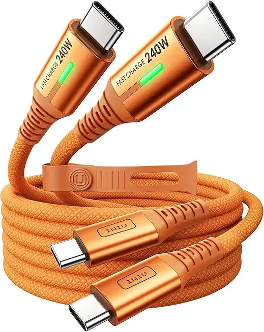 240W USB C to USB C Cable, [6.6ft+6.6ft] Fast Charging Type C, Orange | Nylon Braided, Fast Charging, LED Indicator, USB-C Data Transfer, for iPhone 17 16 Pro, MacBook Pro, iPad, Samsung S26 etc