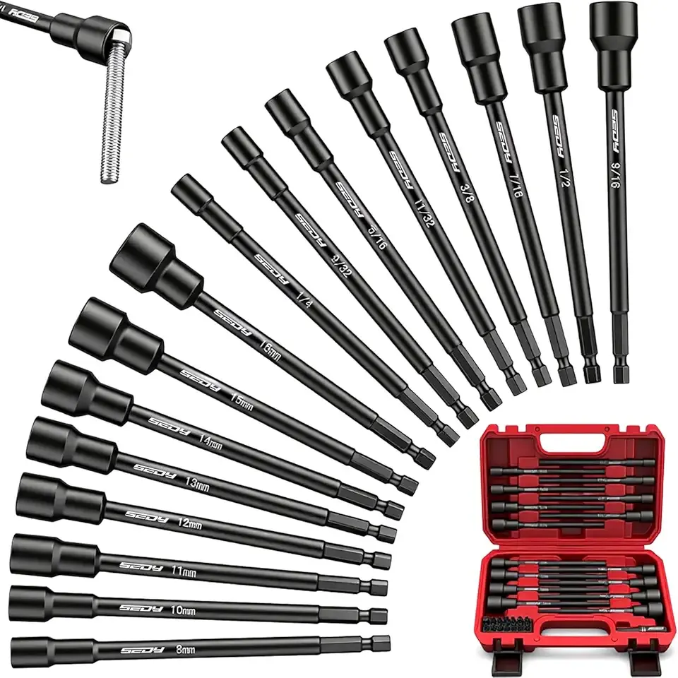 Nut Driver Impact Bit Set - 31-Piece Magnetic Socket Impact Drill Bit Tool Sets Extra Long Hex Nut Setter Driver Holder - Metric SAE Screwdriver Bits 1/4 Drive Shank Adapter Extension