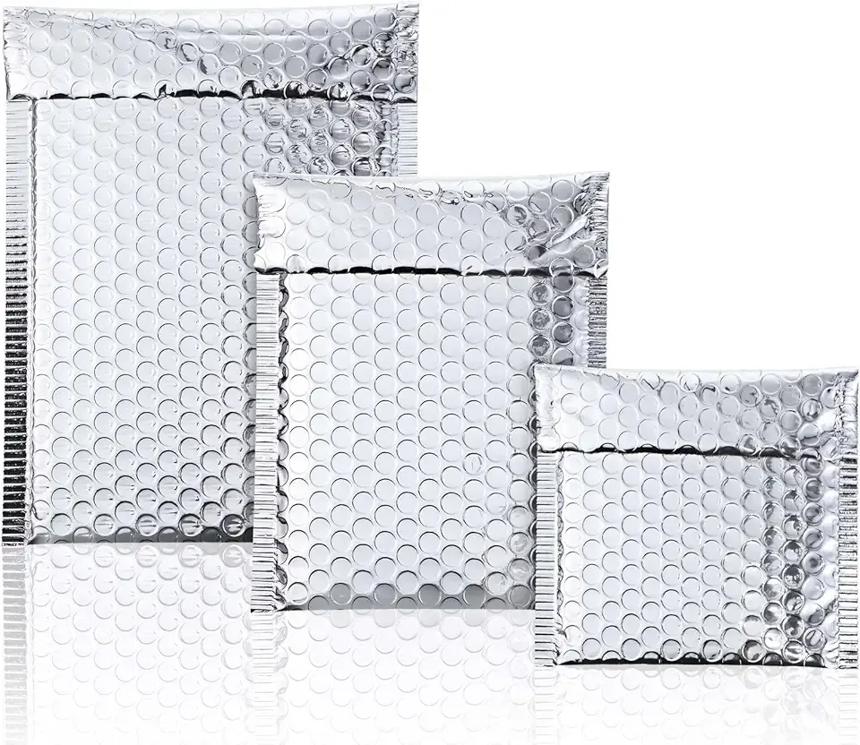 50 Pieces Bubble Mailers 3 Sizes Self Seal Adhesive Poly Mailers Metallic Foil Glitter Padded Shipping Bubble Envelopes for Valentine Mailing Packing Small Business (Silver)