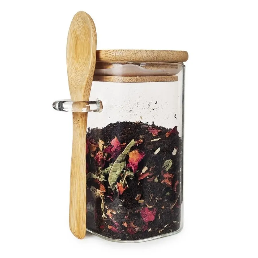 Frasco de Vidrio Cuadrado Otten SY-SS66106 320 ml Tapa Bambú con Cuchara 6x6...