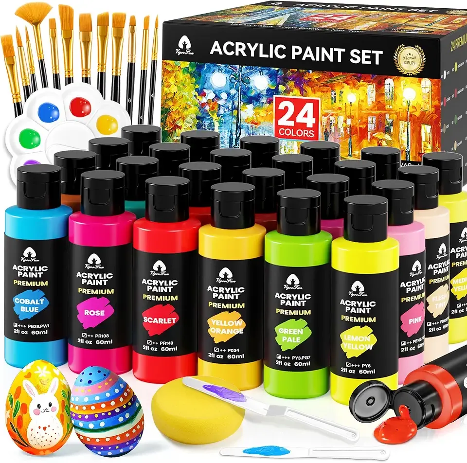 40 Pcs Acrylic Paint Set - 24 Colors (2oz/60ml) with 12 Brushes, 2 Knives & Palette - Rich Pigments for Adult, Artists & Beginners - Painting on Halloween Pumpkin Canvas Ceramic Rock Wood