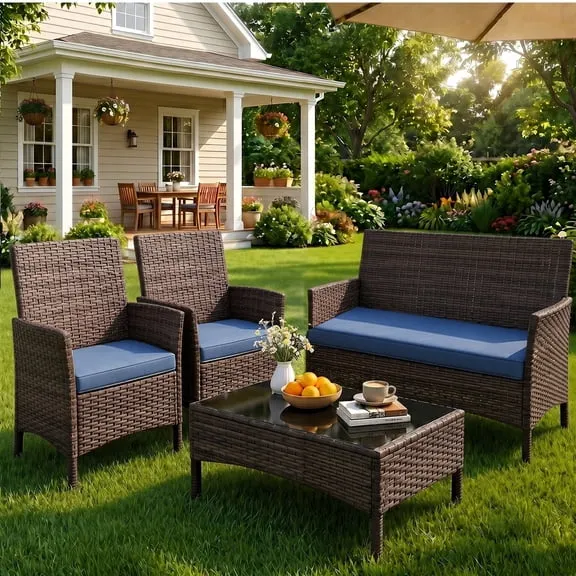 Clearance Gasee 4-Piece Patio Furniture Set Outdoor Conversation Rattan Chairs with Cushion and Loveseat Glass Table for Garden Backyard Porch, Brown/Navy $98.85 Was $129.85