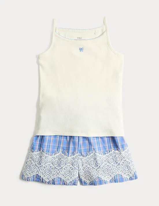 Cotton Rich Ribbed Lace Short Pyjamas (6-16 Yrs)