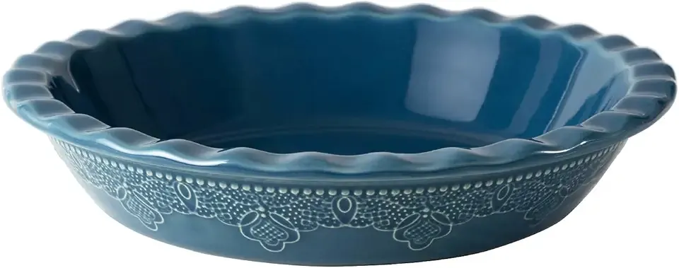 Fun Elements Pie Pan, 9 Inch Ceramic Pie Dish, Deep Dish Pie Pan with Lace Emboss, Ruffled Pie Plate for Baking, Thanksgiving Christmas Gifts(Grayish Blue)