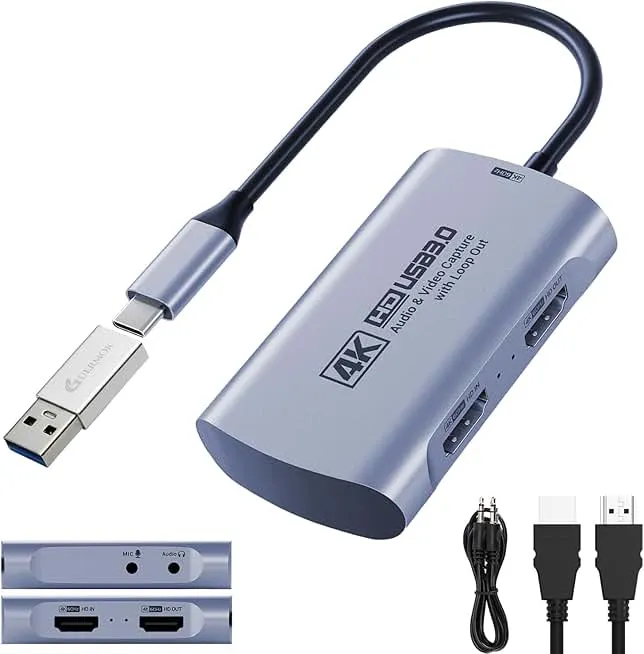 Guermok 4K@60FPS Capture Card for Streaming, 2K@144FPS USB 3.0 HDMI to USBC Camera Video Capture, 4K60 Passthrough, 3.5mm…