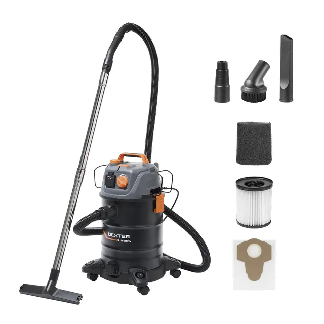 Aspirador para seco y húmedo DEXTER PRO - alimentación red eléctrica - 1400 W - Capacidad del depósito 25 L y de acero