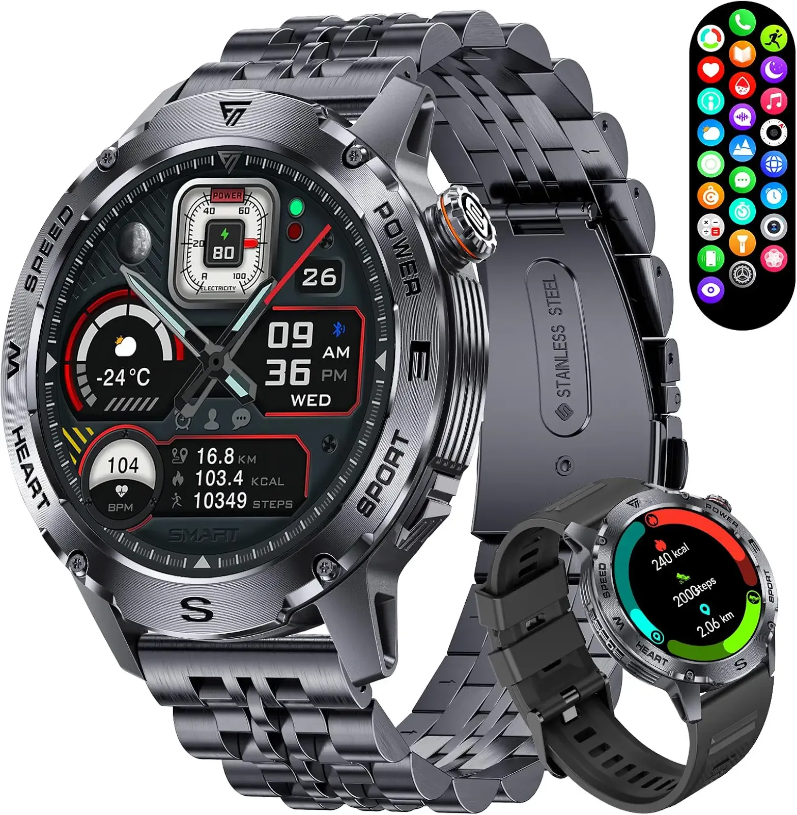 Military Smart Watch for Men, 1.43'' AMOLED Rugged Smart Watch with 600mAh Battery/Heart Rate/Blood Pressure/Sleep Monitor,IP68 Waterproof Fitness Tracker Watch for Android iPhone Black