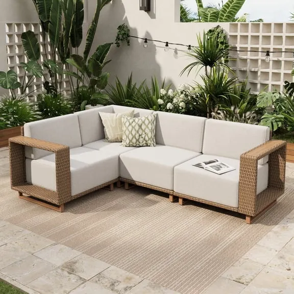 Sophia & William 4 Pieces Wicker Patio Furniture Set with Yellow-Brown Rattan & Thick Beige Cushions