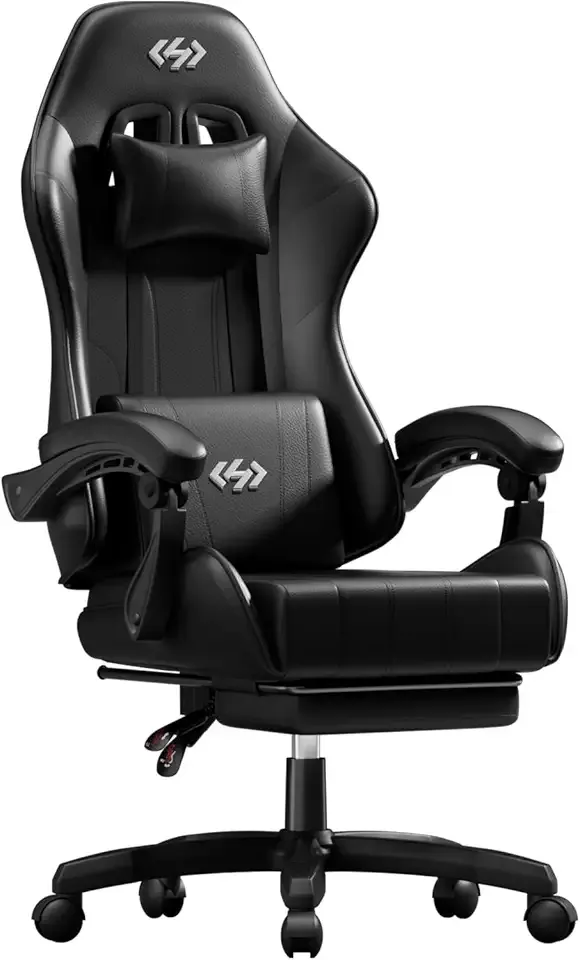 HLDIRECT Gaming Chair, Ergonomic Computer Office Chair with Lumbar Support, Footrest, Headrest, PU Leather, 360° Swivel, Adjustable Height, Metal Frame, 200 lbs Capacity (Black)