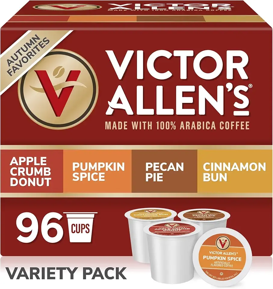 Victor Allen's Coffee Autumn Favorites Coffee Variety Pack (Apple Crumb Donut, Pumpkin Spice, Pecan Pie, Cinnamon Bun), 96 Count, Single Serve Coffee Pods for Keurig K-Cup Brewers