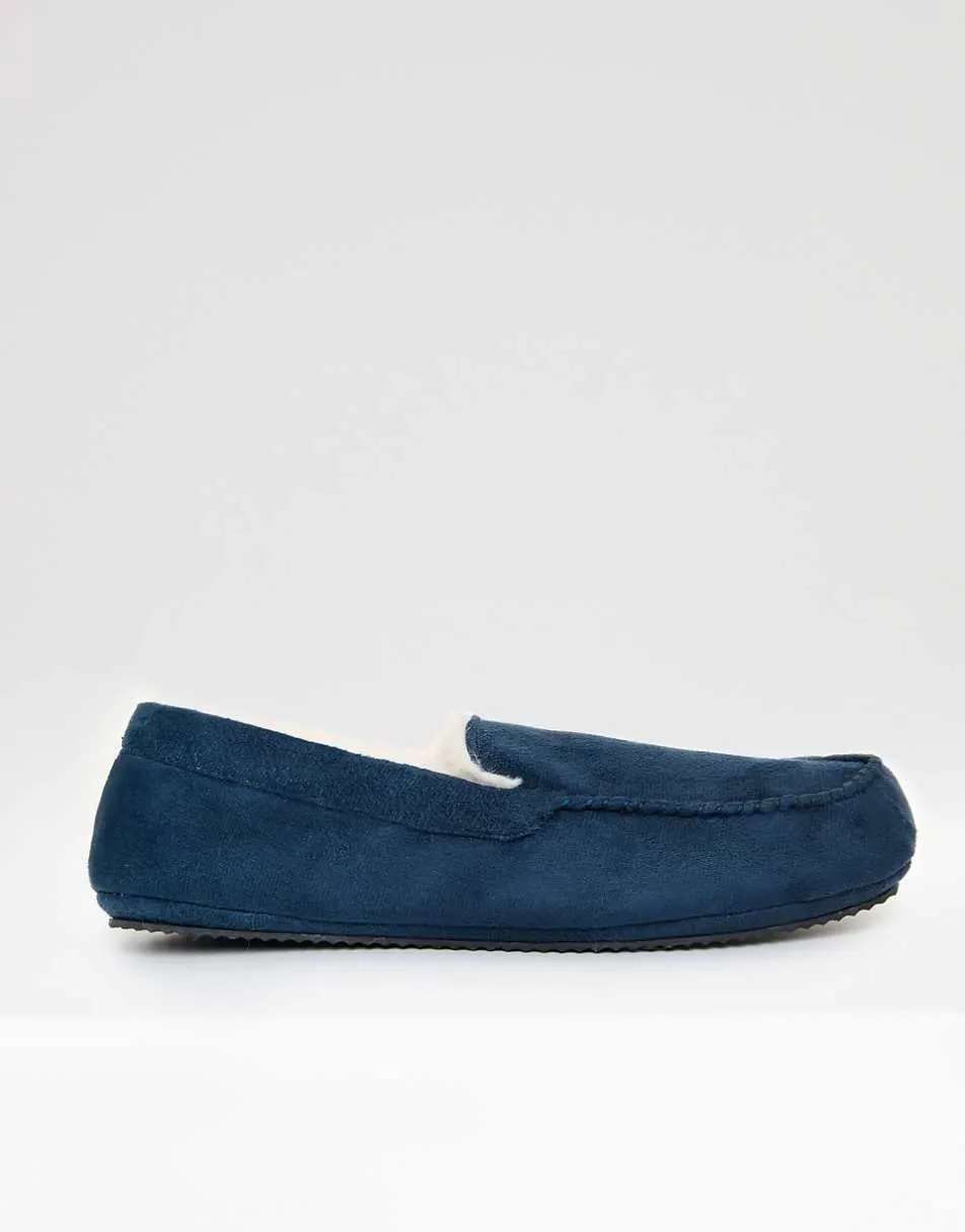 Threadbare Faux suede faux fur lined moccasin slippers in navy