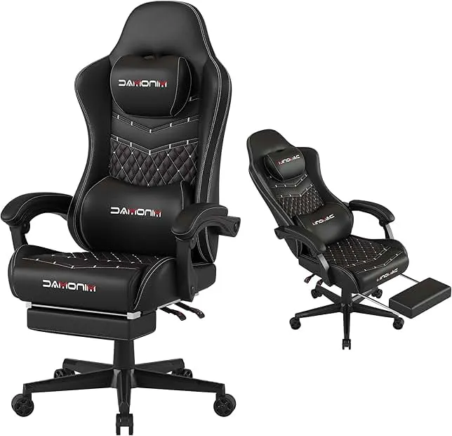 MINOMAC Gaming Chair,Ergonomic Computer Gaming Chair,400lb Load-Bearing,Retractable Footrest/Waist Support/Ergonomic Backrest[Spring + 4D Sponge] (Black)