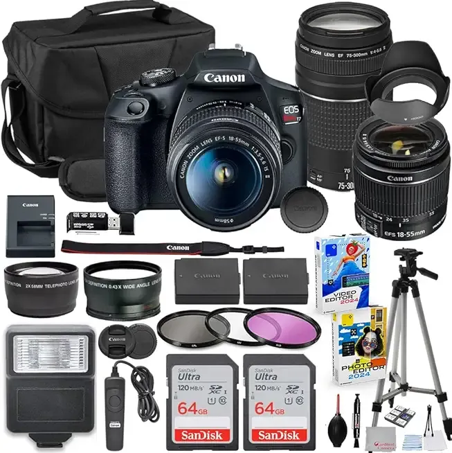 Canon EOS Rebel T7 DSLR Camera with 18-55mm & 75-300mm Lens Bundle with Extra Canon Battery + 2X 64GB Memory Cards + Accessory Kit Including Bag, Flash, Aux Lenses, Software & More