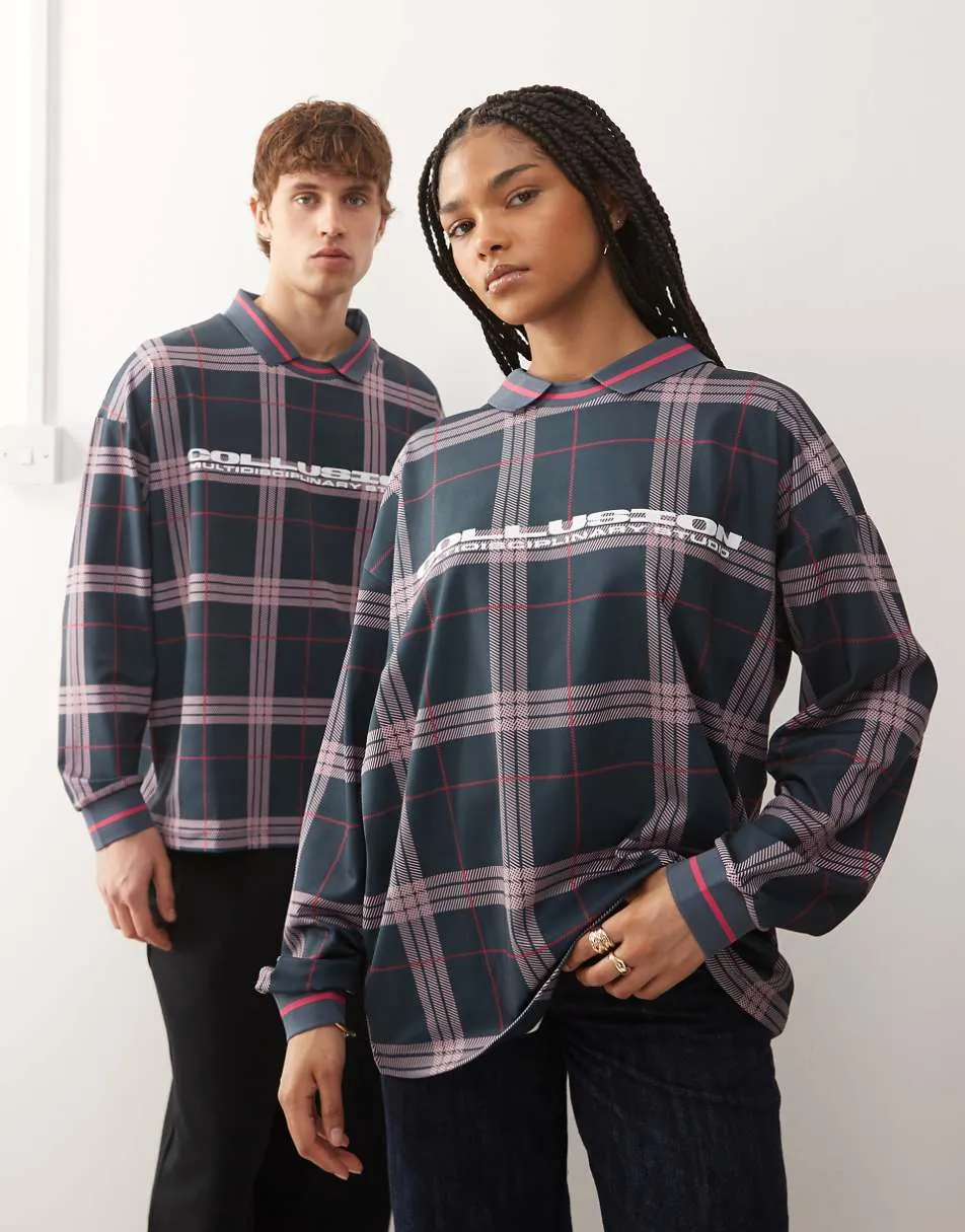 COLLUSION Unisex long sleeve check football top in navy