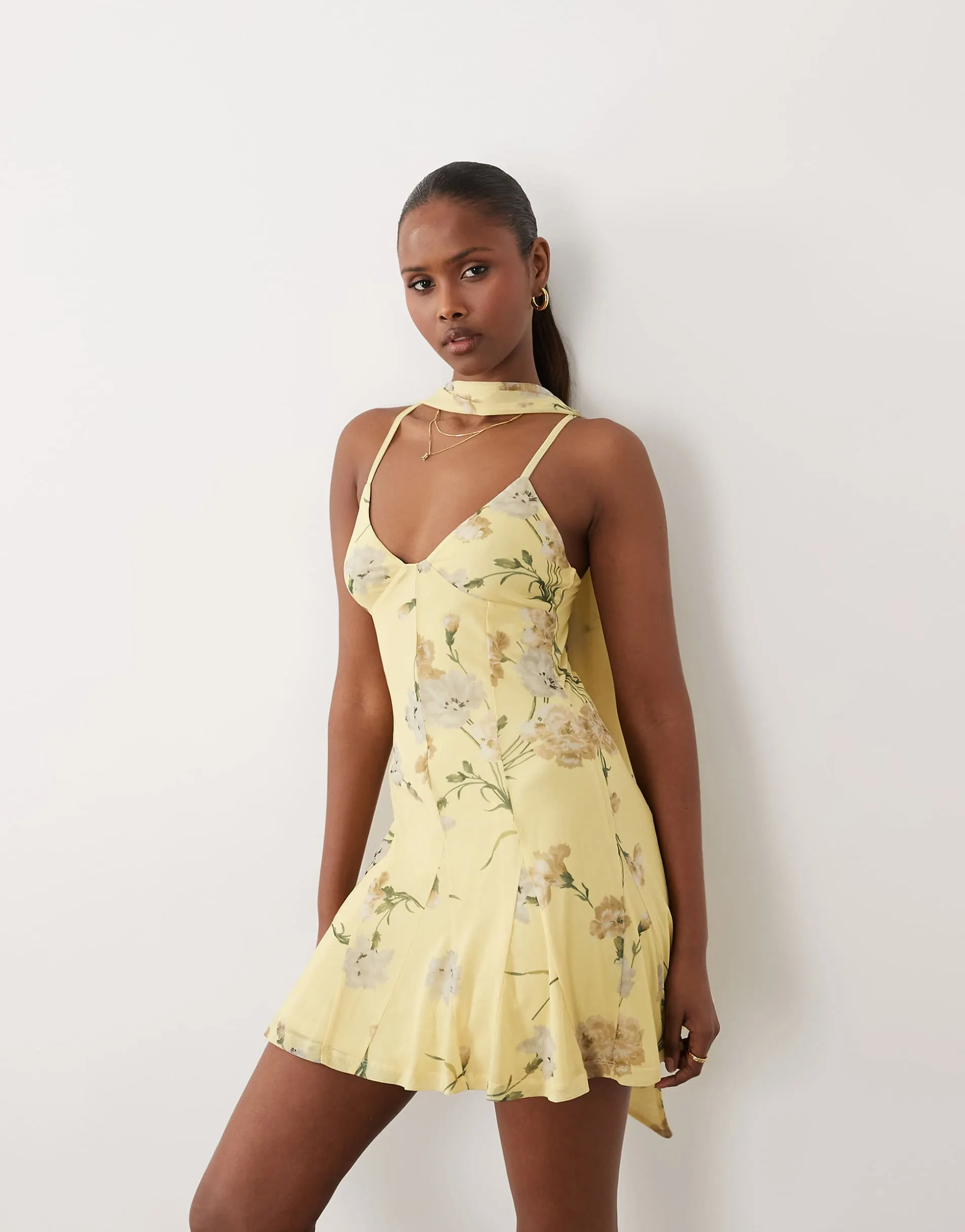 ASOS DESIGN printed mesh scarf detail godet mini dress in lemon floral