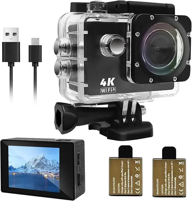 Action Camera 4K 30FPS, Waterproof Camera 30M Underwater Ultra HD 131FT 170°Wide Angle Shooting, with 2 x 1050 mAh Batteries for Cycling, Ice Skating, Skiing, Fishing, Climbing