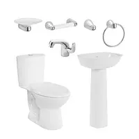 Combo Aluvia:Sanitario Aluvia Plus Alongado Blanco De 2 Piezas + Lavamanos Aluvia Con Pedestal+ Griferia Aluvia Monocontrol +Kit Accesorios Cromados Aluvia X 4 Piezas Corona