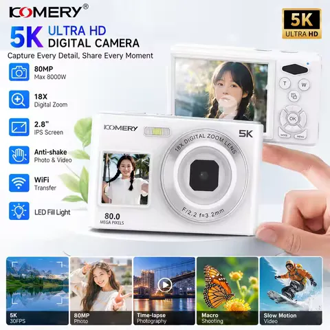 KOMERY 5K Digital Camera 80MP Compact with Autofocus 18X Zoom LED Fill Light Anti Shake Point and Shoot Camera for Teens Adults