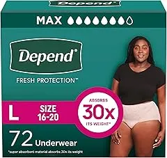 Depend Fresh Protection Adult Diapers, Incontinence & Postpartum Bladder Leak Underwear for Women, Disposable, Maximum, Large, Blush, 72 Count (2 Packs of 36), Packaging May Vary Depend Fresh Protection Adult Diap…