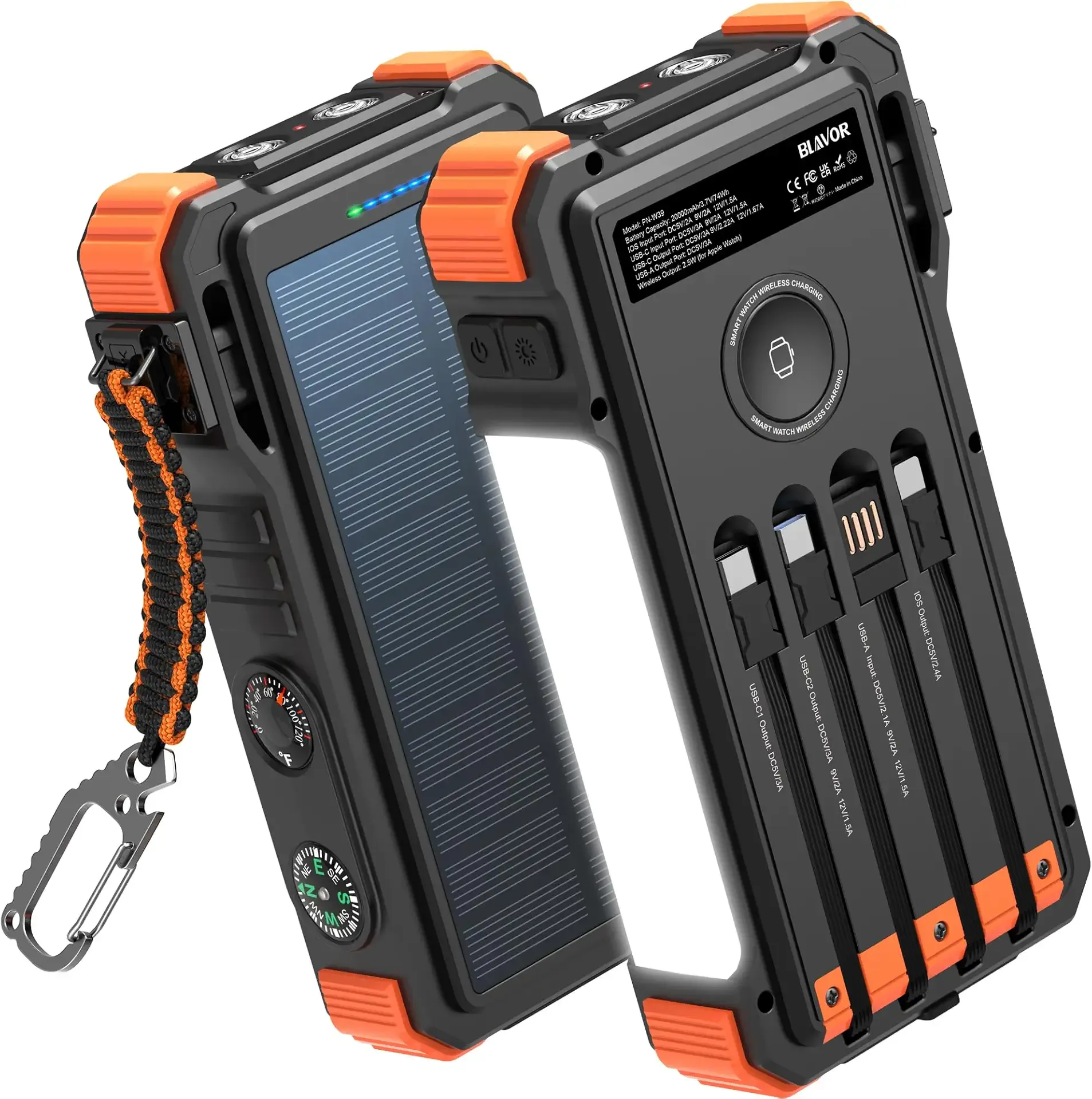 BLAVOR Solar Power Bank 20000mAh Built-in Cables, Wireless Charger for Apple Watch, 20W Fast Charging Battery Pack with USB C, Flashlight, Solar Charger for iPhone, iPad, iWatch, Samsung