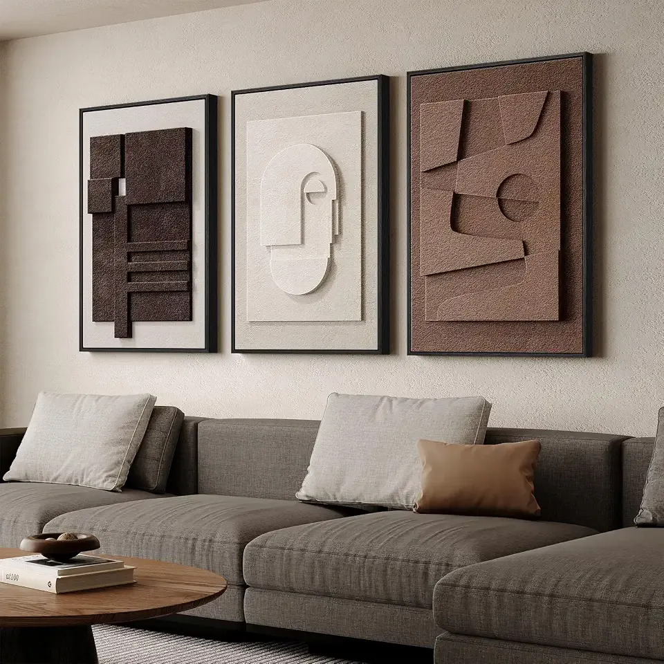 Large Framed 3D Wall Art for Living Room, Brown Abstract Art Wall Decor | Solid wood frame, Textured paintings, 3 piece 24x36 in, Modern artwork for walls, Neutral pictures wall decor bedroom office