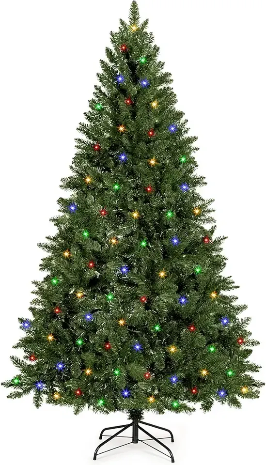 6 FT Pre-Lit Artificial Christmas Tree with 250 Warm White & Multi Lights - 1000 Branch Tips Hinged Spruce for Indoor Outdoor Home Christmas Decorations
