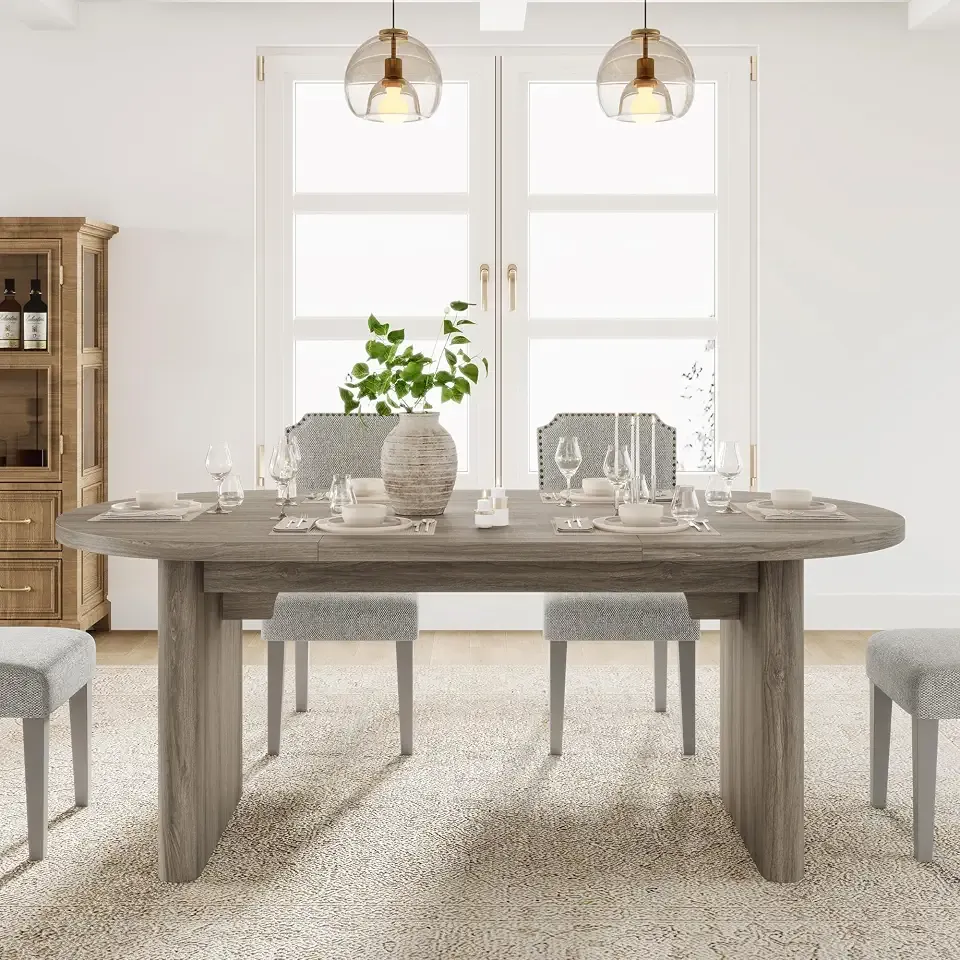 GarveeHome 70.87" Long Oval Dining Table with Wooden Base for 6-8 People | Farmhouse, 1.2" Thickened Tabletop, Modern, 3.5" x 23.6" Thick Sturdy Wooden Base, for Dining Room, Kitchen, Living Room
