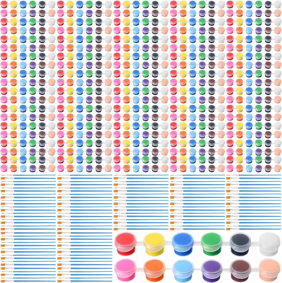 Qilery 100 Sets Mini Acrylic Paint Set 1400 Pcs 12 Colors Acrylic Painting Strips 100 Flat Brushes 100 Pointed Brushes for Adults Home Birthday Art Craft Party Favors (2ml)