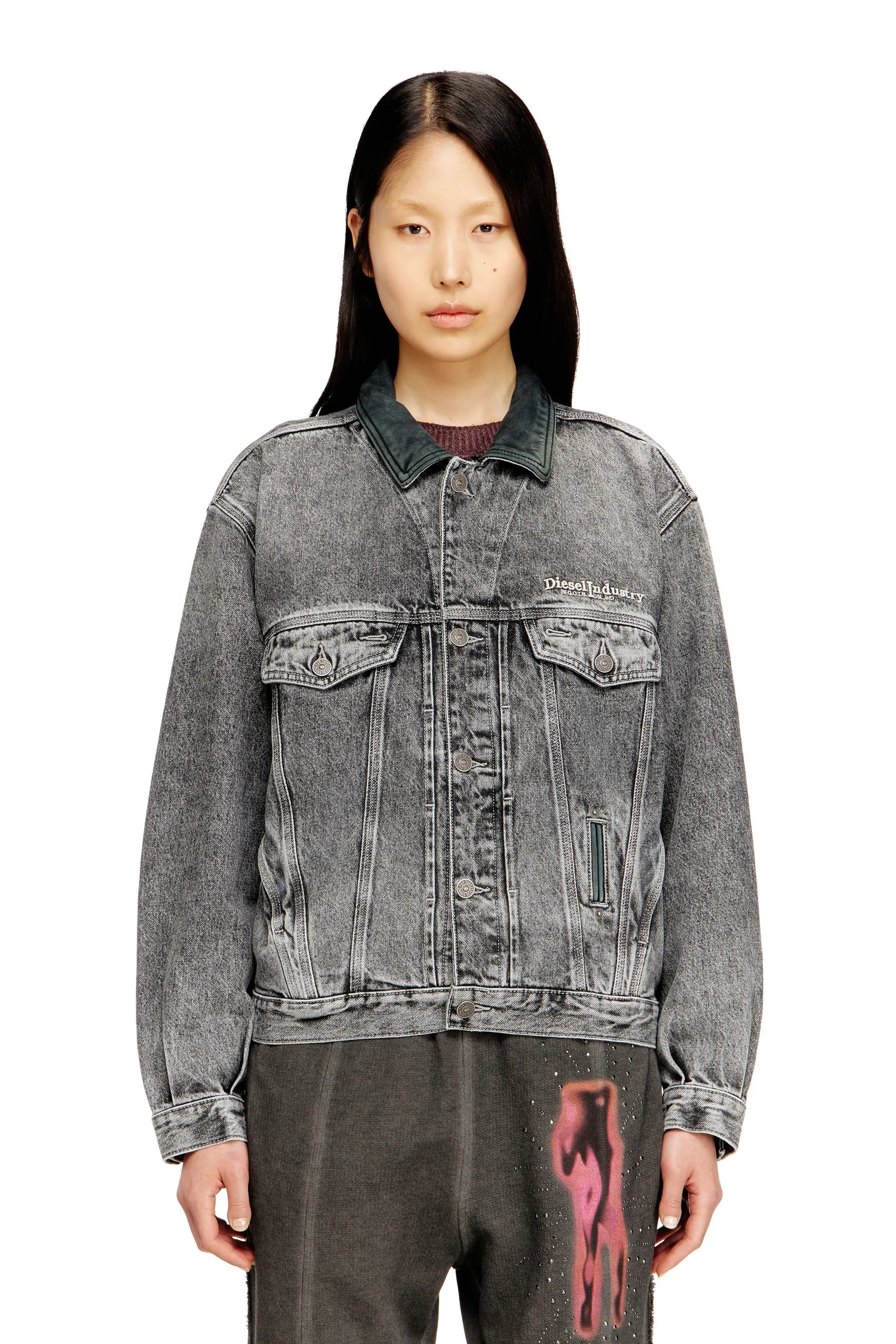 Denim trucker jacket with tonal leather trims