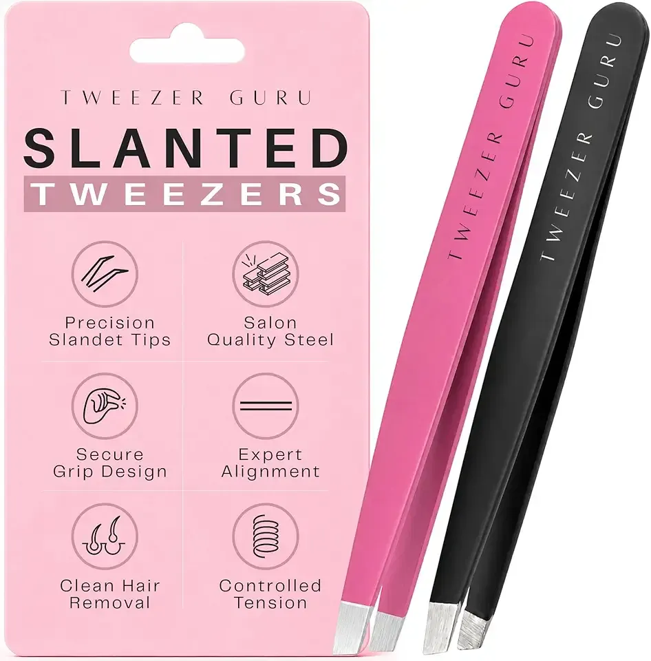 Tweezer Guru Tweezers for Women Facial Hair & Men – Precision Slant-Pointed Eyebrow Tweezer for Ingrown Hair, Blackhead & Splinter Removal (Black+Pink)