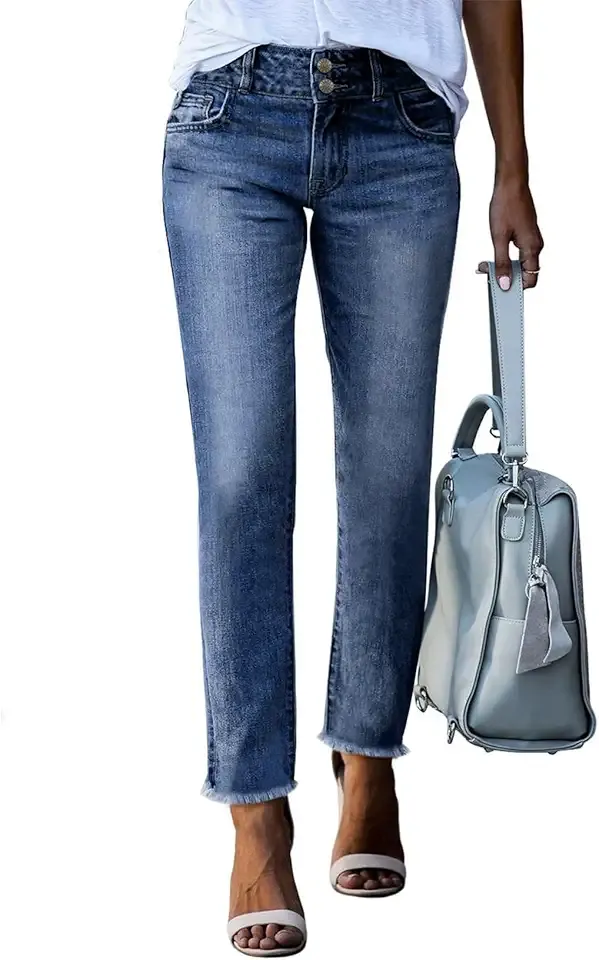 Women's High Waisted Raw Hem Straight Leg Jeans