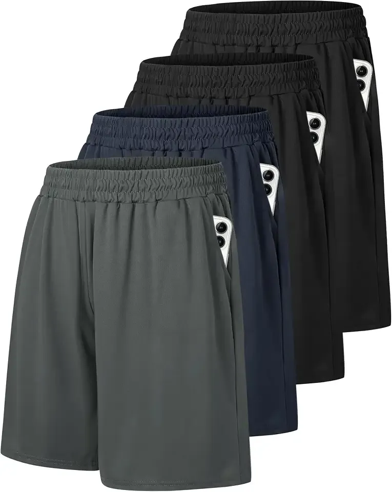 4 Pack Gym Mens Shorts - Basketball Athletic Shorts Fitness Clothing | Black Workout Quick Dry Shorts with Pockets, Casual Sports Activewear, Soft Lightweight Breathable, Elastic Waistband