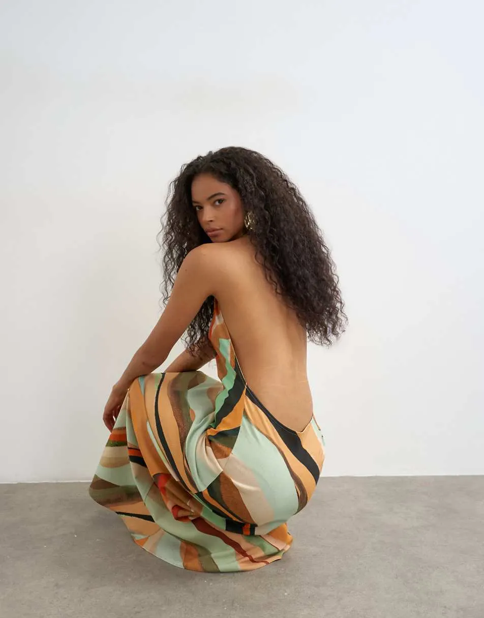 Topshop halter backless maxi in abstract stripe