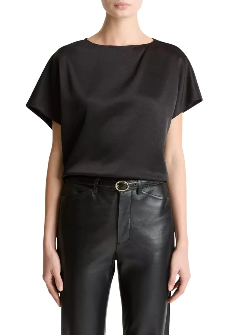 Draped Satin Dolman-Sleeve Blouse - Sort