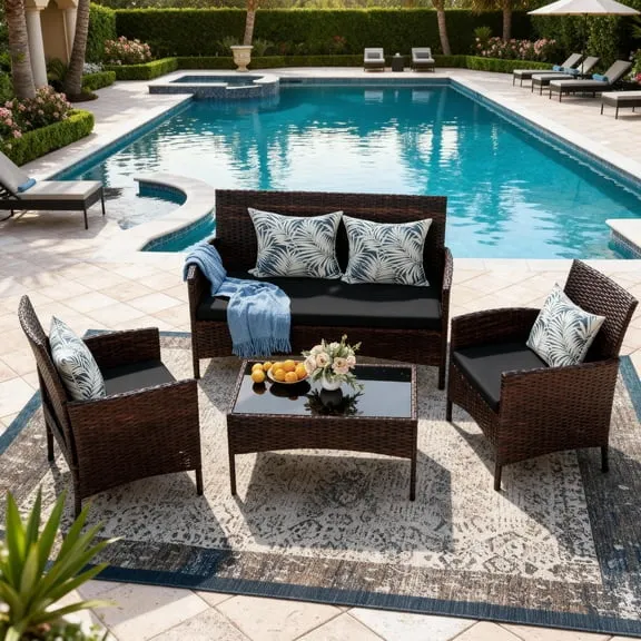 HOYOA 4 Pieces Patio Furniture Set, Patio Conversation Set Outdoor PE Rattan Wicker Chairs Set and Table,Brown/Gray $98.99