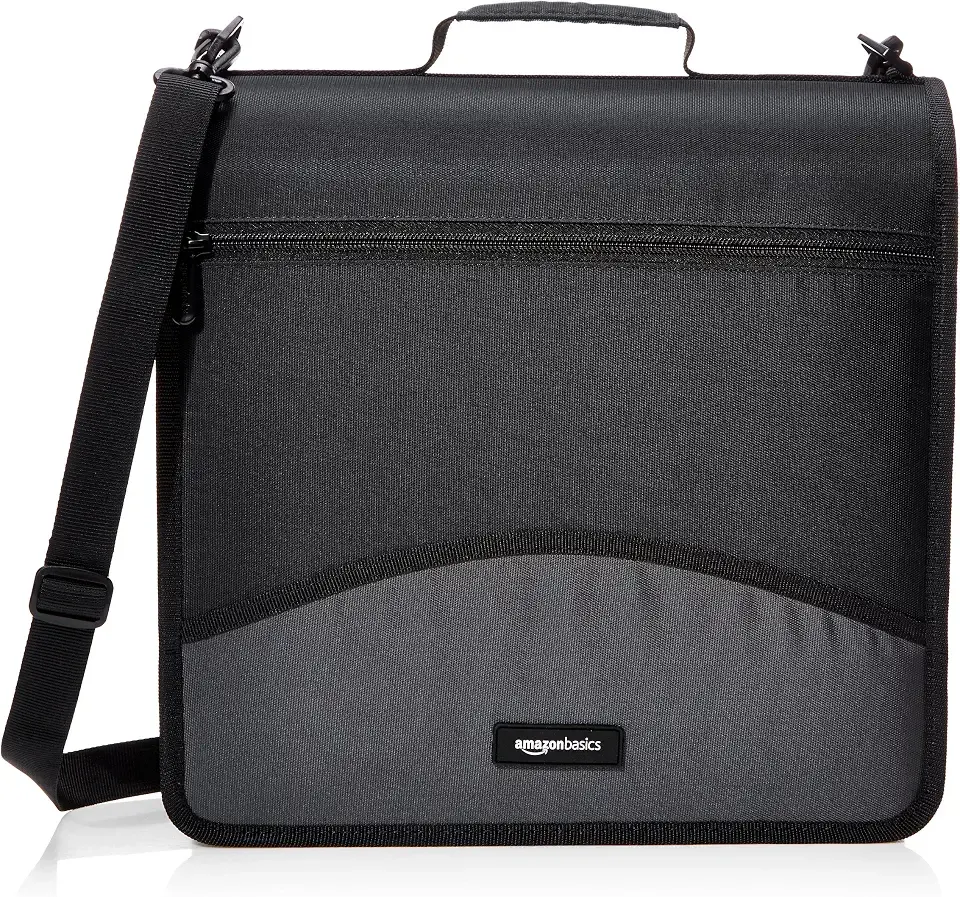Amazon Basics Durable 3 Ring Binder with Zipper and Strap, Multiple Pockets, Sturdy Storage for School and Office, 3 inch, Black