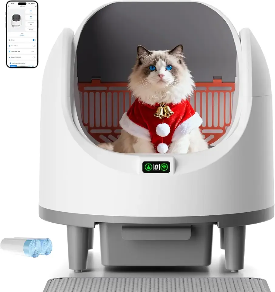 Bashaw Self Cleaning Litter Box, Large Capacity Automatic Litter Box for Multiple Cats, App Control, Safety Sensors, 2 Rolls of Garbage Bags (White)