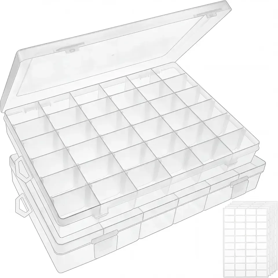 OUTUXED 2 Pack 36 Grids Clear Plastic Bead Organizer Box, Fishing Tackle Box Compartment Organizer with Adjustable Dividers for Jewelry, Art Craft, Bead Storage Containers with 5 Sheets Label Stickers