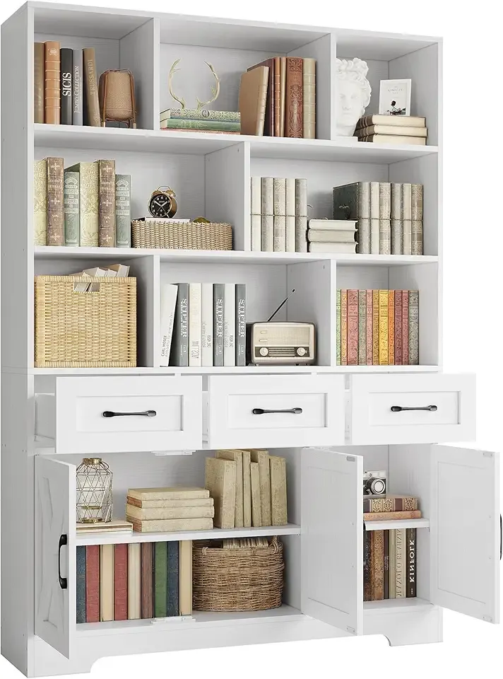 IRONCK Bookshelf with Drawers & Doors, Tall Bookshelf with Storage, Bookcase with Cabinets for Home Office, Living Room, White