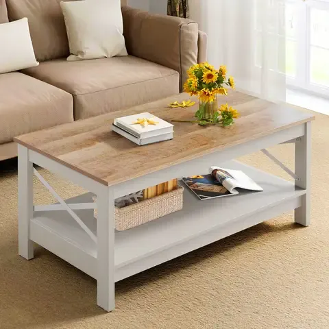 Mesa De Centro Rectangular Estilo Rústico de 2 Niveles
