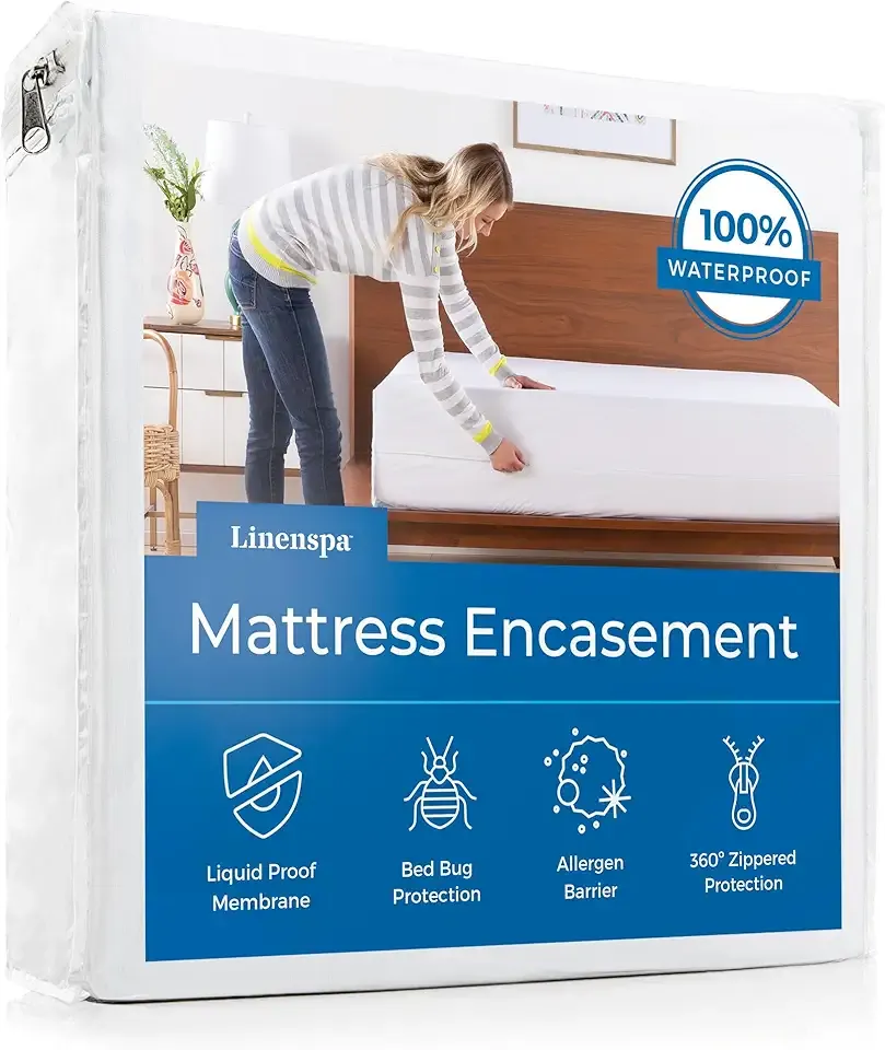 Zippered Mattress Encasement – Queen Size Waterproof Mattress Protector – Quiet Cover & Complete protection – Dorm Room Essentials, White