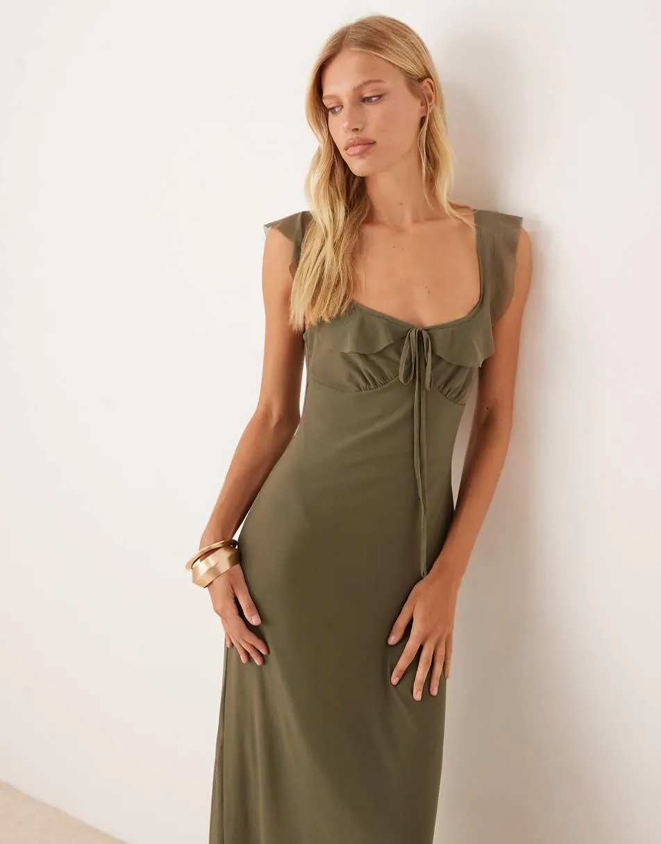 ASOS DESIGN mesh double frill midi tea dress in khaki