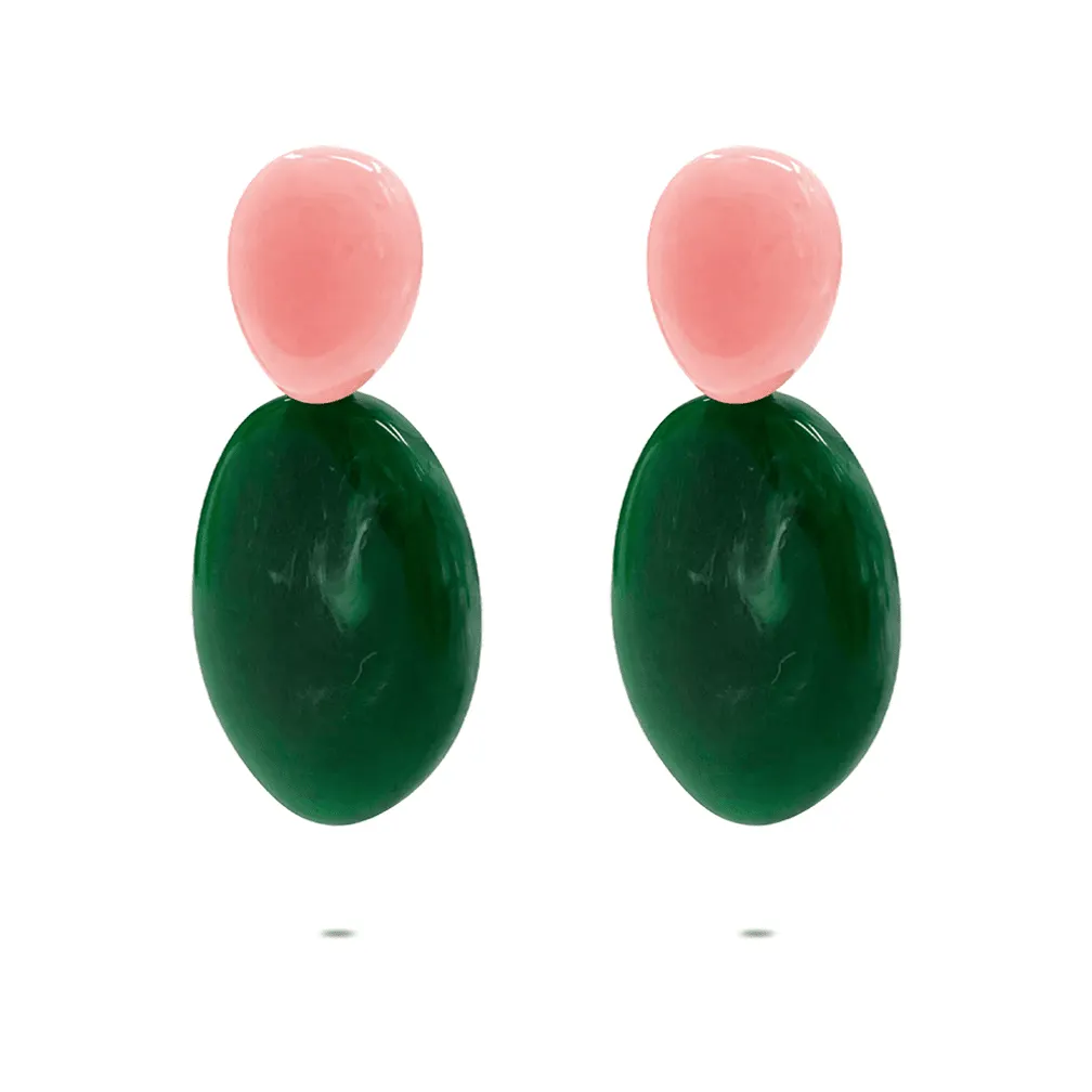 Oorbellen in edelstaal, groen en roze