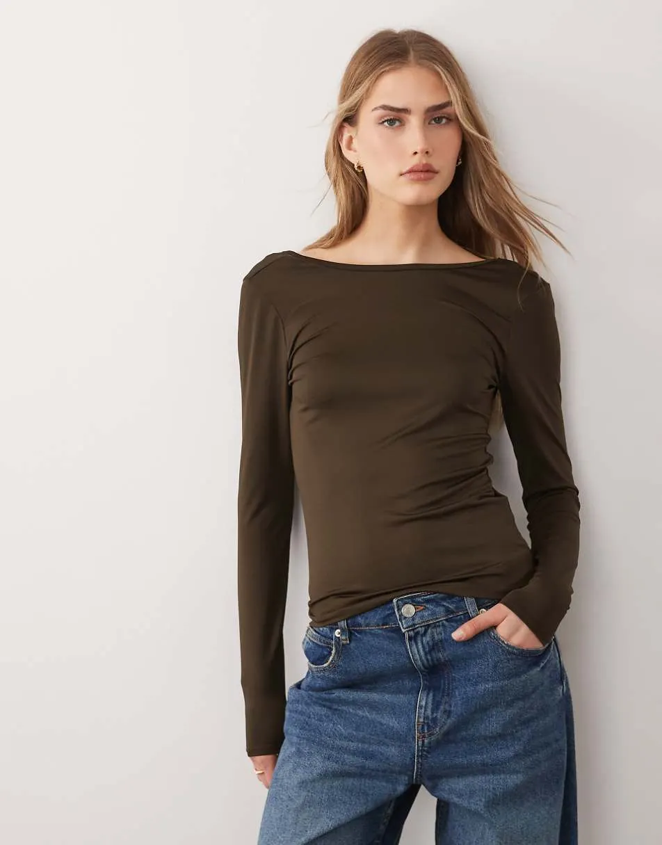 Threadbare slinky long sleeve top in brown with scoop back detail
