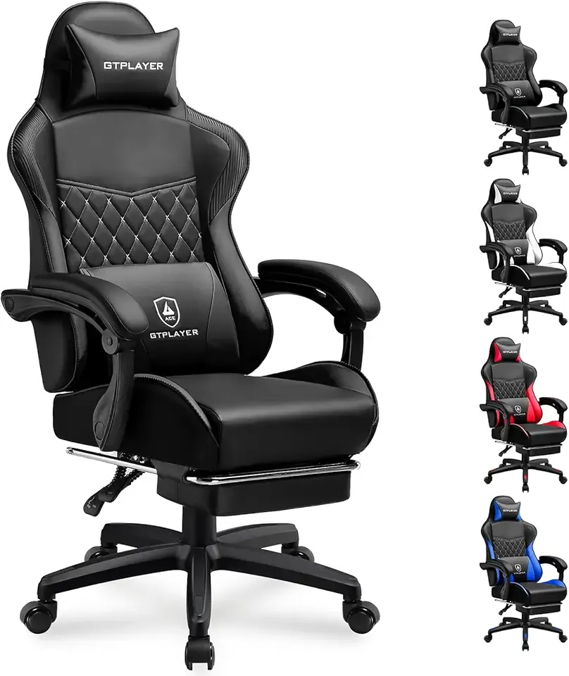 GTPLAYER Gaming Chair, High Back Leather Computer Gaming Chair with Footrest, Ergonomic Height Adjustable Office Chair with Removable Cover and Lumbar Support for Gaming & Work,Black